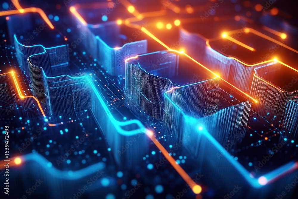 Poster close-up of glowing blue and orange digital circuit pathways forming a futuristic technology grid wi