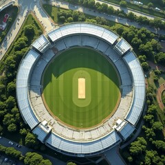 Aerial view of a modern stadium surrounded by lush greenery, with a vibrant urban skyline in the background, set under a clear blue sky, highlighting the harmony of nature