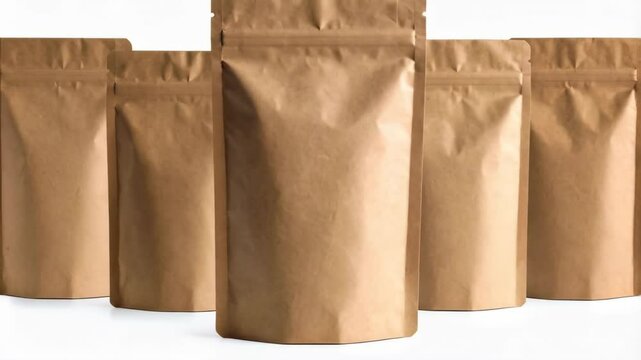 Isolated shot of five brown kraft paper stand-up pouches against a white background studio shot, ideal for product packaging mockups and branding materials.