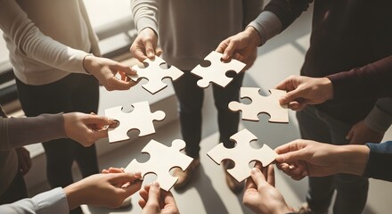 Teamwork: Diverse hands holding jigsaw puzzle pieces in a collaborative circle