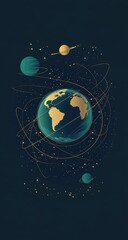Fototapeta premium Earth in space, surrounded by orbiting planets and swirling golden lines, against a deep teal background, dotted with stars