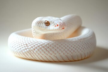 Fototapeta premium Close-up of a coiled white snake with smooth scales and golden eyes, set against a soft neutral background expressing calm and elegance