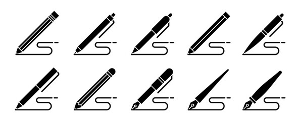 Pen and pencil line icon set. Marker and crayon drawing symbol. Sketching tools vector illustration isolated. Drawing pen, edit, notepad, writing ink mark icons. Writing pencil icons.