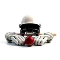 Set of detailed cricket gear including bat, ball, helmet, and gloves, carefully arranged and isolated on a transparent background, ideal for sports design and promotional use.