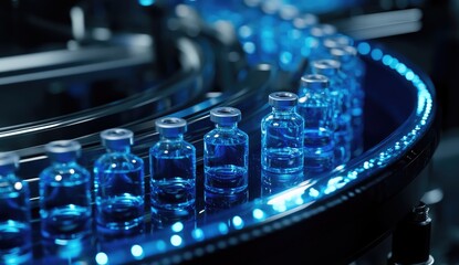 Automated pharmaceutical bottling line with vials of blue liquid