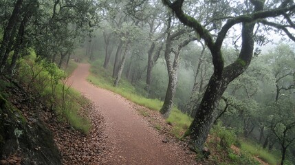Fototapeta premium 23. Real forest trail during foggy morning hike