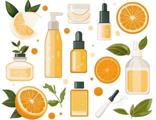 Flat lay of orange-themed skincare products.  Citrus slices, bottles, pumps, and dropper bottles arranged around leaves and flowers.  Bright, cheerful, and inviting