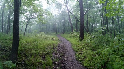 Obraz premium 23. Real forest trail during foggy morning hike