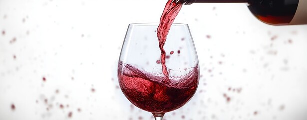 Fototapeta premium Red wine being poured into a clear glass with splashes and droplets captured mid-air against a white background