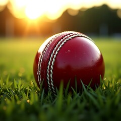 Red Cricket Ball Resting on the Grass with Stumps in the Foreground, Framed by the Majestic Cricket Stadium at Sunrise, Capturing the Calm Before the Game