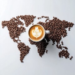 World map of coffee beans with latte art