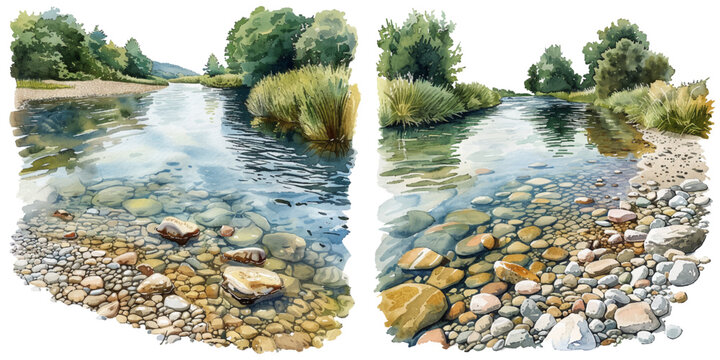 clear river with pebble shore watercolor vector illustration