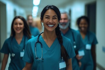 Smiling medical team walking confidently in hospital corridor with focus on happy female nurse with stethoscope and braided hair
