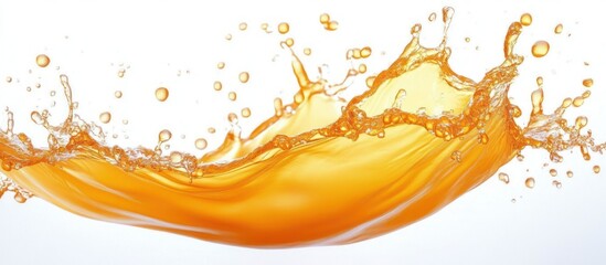 Dynamic splash of bright orange liquid frozen in midair on a clean white background