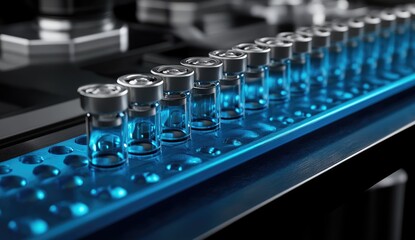 Vials on a blue tray in a high-tech lab