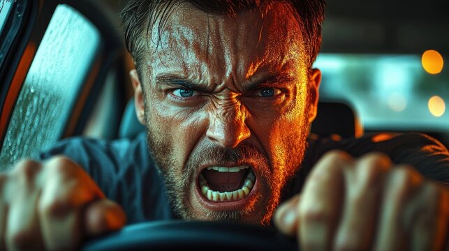 angry man gripping steering wheel tightly inside car with intense expression and furrowed brow