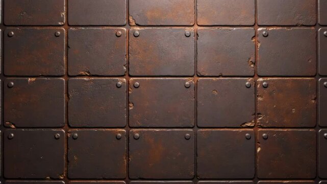 Rusty metal plate texture featuring square panels and bolts with corrosion, creating brown industrial surface showing wear and rugged aged appearance in close up view