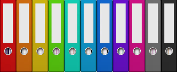 vector office ring binders isolated on white background. binders of various colors for a4 files standing in a row. eps10
