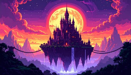 レトロゲーム風の自然なピクセルアート背景（空中浮遊する魔王城） Generative AI