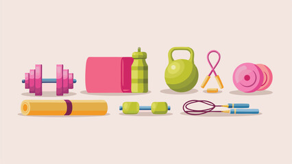 Illustration of various fitness equipment including dumbbells, kettlebell, yoga mat and jump ropes