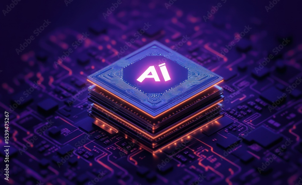 Poster close-up of a glowing stacked microchip labeled ai on a dark circuit board emitting neon purple and 