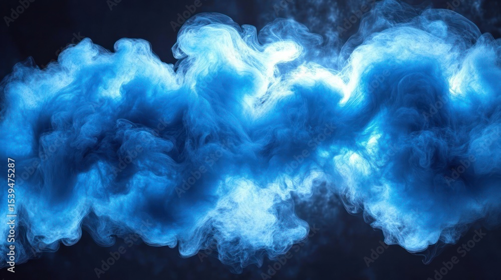 Poster thick swirling blue smoke or mist forming dynamic flowing patterns against a dark background, creati
