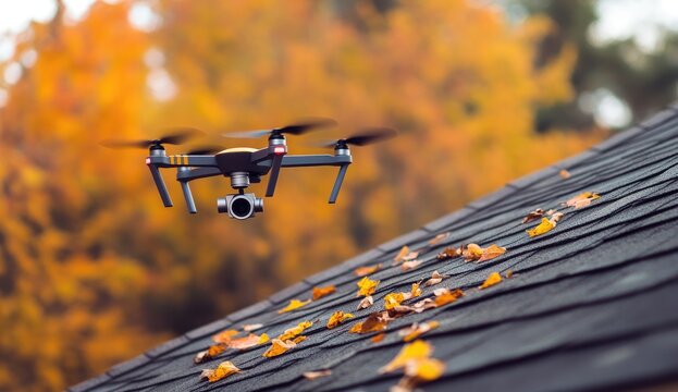 Drone flying over autumnal rooftop
