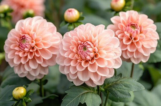 Close-up of three pale peach dahlias in bloom, with blurred background of foliage and buds
