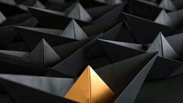 Paper Boat Group with Unique Golden Ship Leading in Dark Sea, Leadership Concept