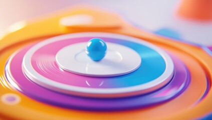 Close-up of vibrant, layered, concentric circles in bright colors, with a teal sphere in the center