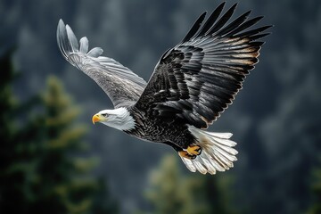 Obraz premium majestic adult bald eagle soaring with wings fully spread against a blurred natural forest background