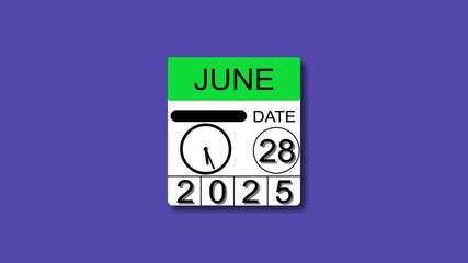 June 28 date 2025  animation . calendar animation clean and black background. and stunning 4k animation.