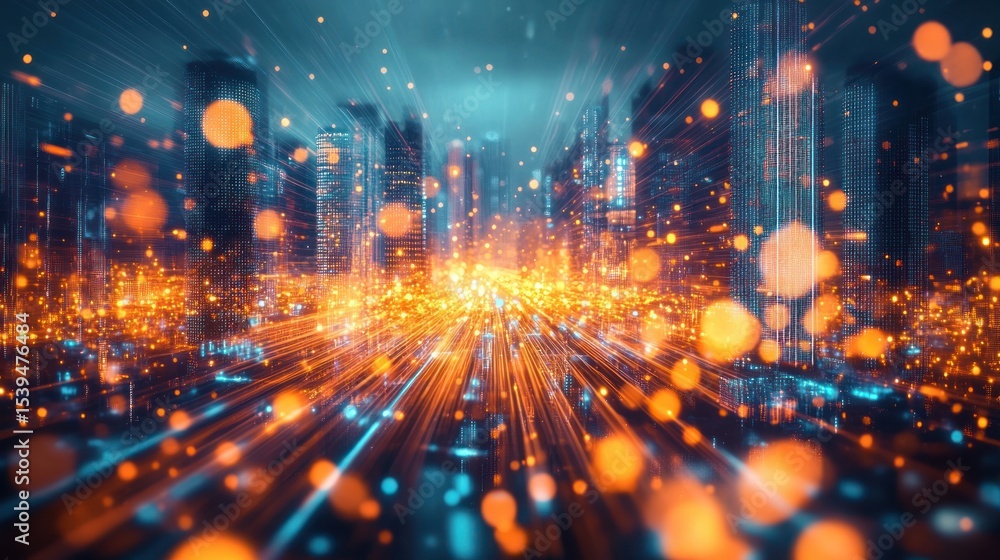 Poster futuristic cityscape with tall illuminated skyscrapers and glowing orange lights creating dynamic li