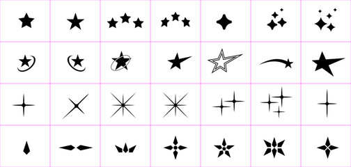 Y2K Shape, Vector Set of Different Black Sparkles Icons, Vector Set Star