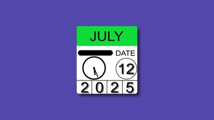 July 12 date 2025  animation . calendar animation clean and black background. and stunning 4k animation.