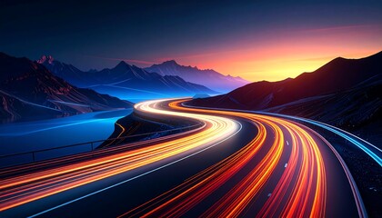 Winding road with sunset, and mountain view.