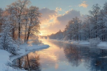 winter sunrise over a partially frozen river lined with snow-covered trees reflecting golden light in a tranquil snowy landscape