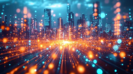 Futuristic cityscape illuminated with glowing orange and blue lights resembling digital data streams, evoking a sense of advanced technology and vibrant energy