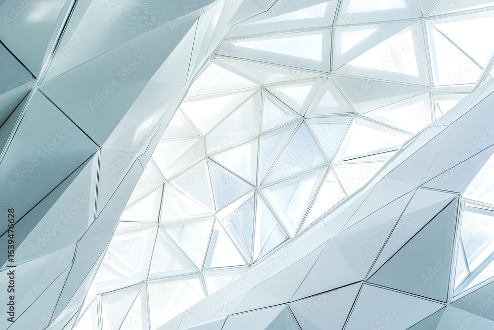 Poster abstract geometric structure with triangular panels and glass windows, creating a modern architectur