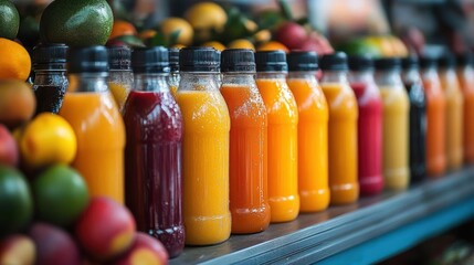 Row of colorful bottled fruit juices with condensation on bottles surrounded by fresh fruits in soft daylight