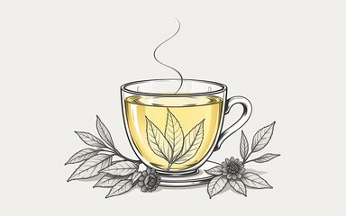 Illustration of a cup of herbal tea with leaves and steam.