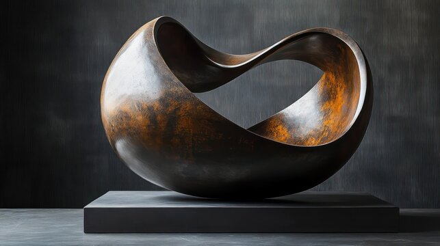 Abstract smooth continuous loop sculpture with a rusted metallic finish displayed on a dark pedestal against a textured dark background