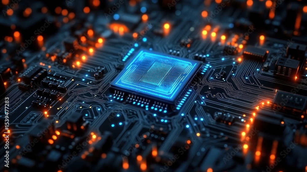 Poster close-up of a glowing blue microchip on a complex black circuit board with orange illuminated connec