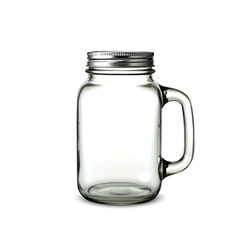 A simple, clear glass mason jar mug, perfect for a refreshing summer beverage, sits on a bright white background, showcasing its clean lines and classic design.