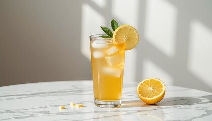 Fototapeta premium Refreshing citrus drink in a tall glass with ice and lemon garnish.