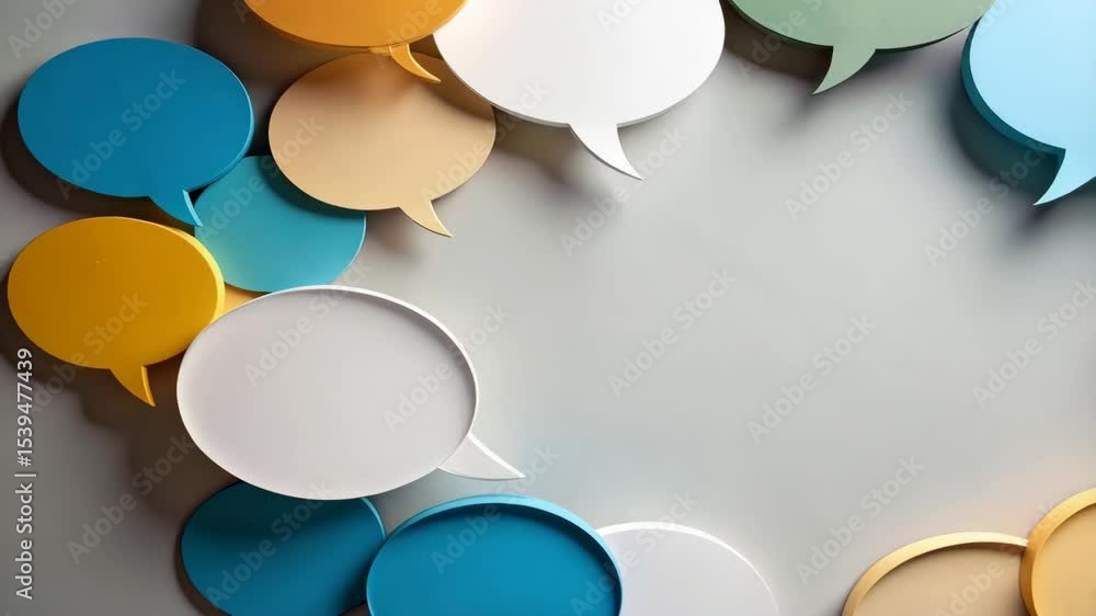 Poster animated speech bubbles in various pastel colors form a frame with copy space in the center.