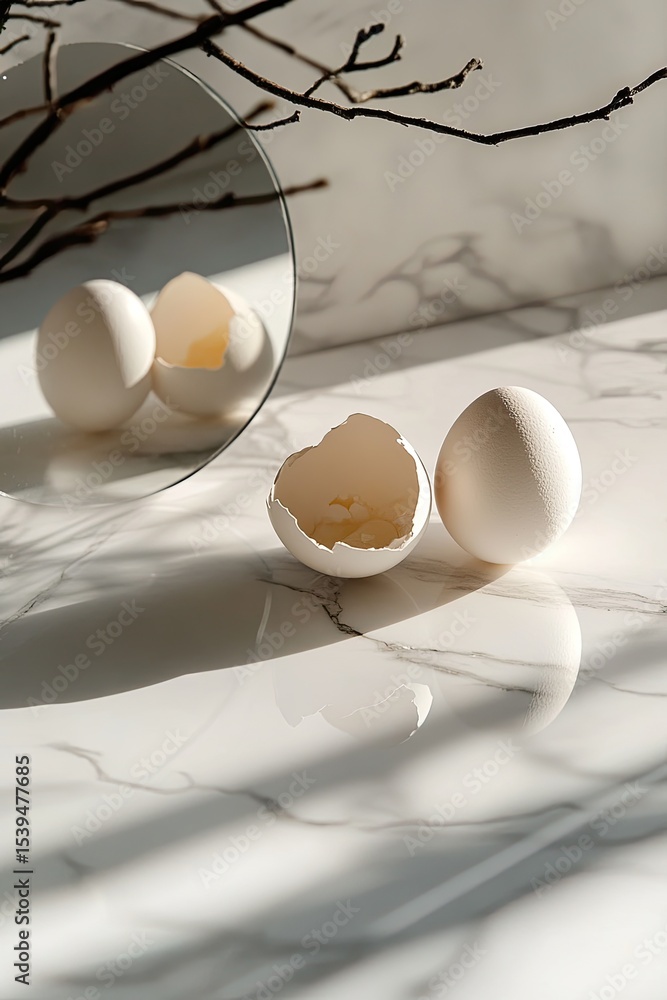 Poster two whole eggs and a broken eggshell rest on a marble surface, reflected in a mirror with branches
