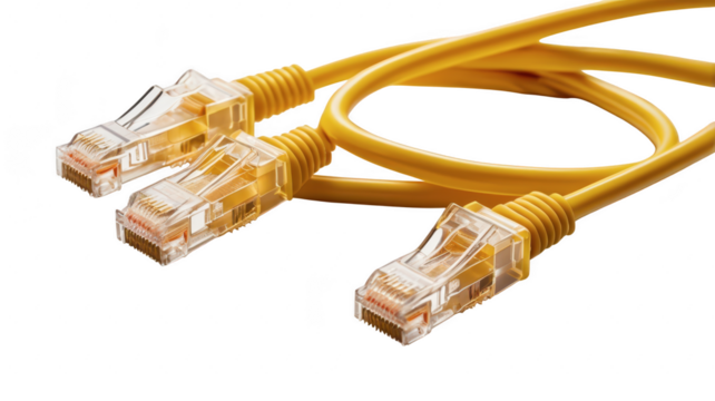 Three yellow ethernet cables close up - Powered by Adobe