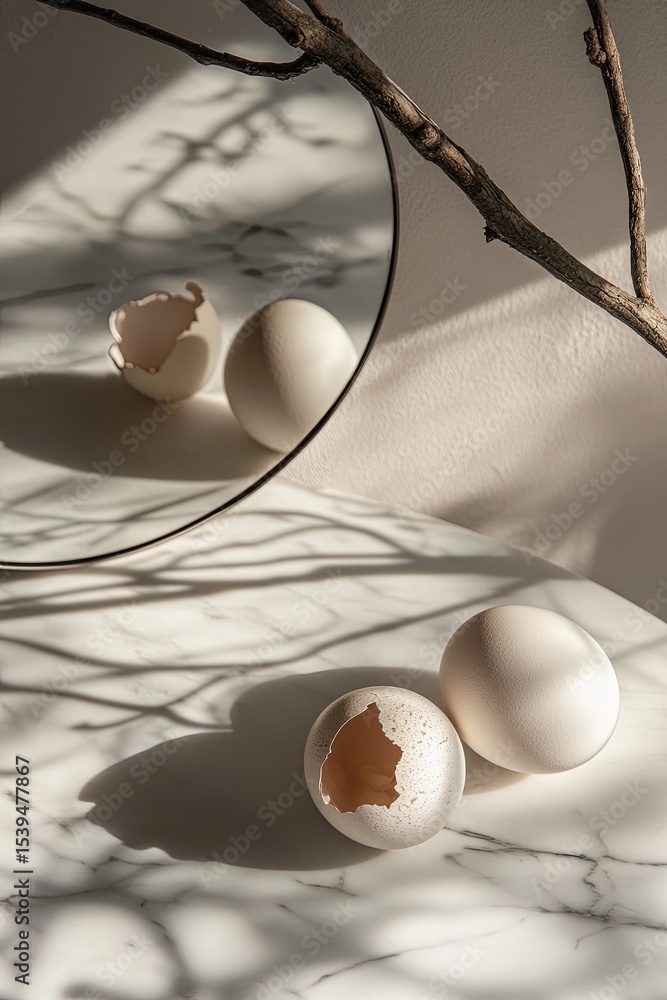 Poster two whole eggs and two broken eggshells rest on a marble surface, reflected in a circular mirror. su