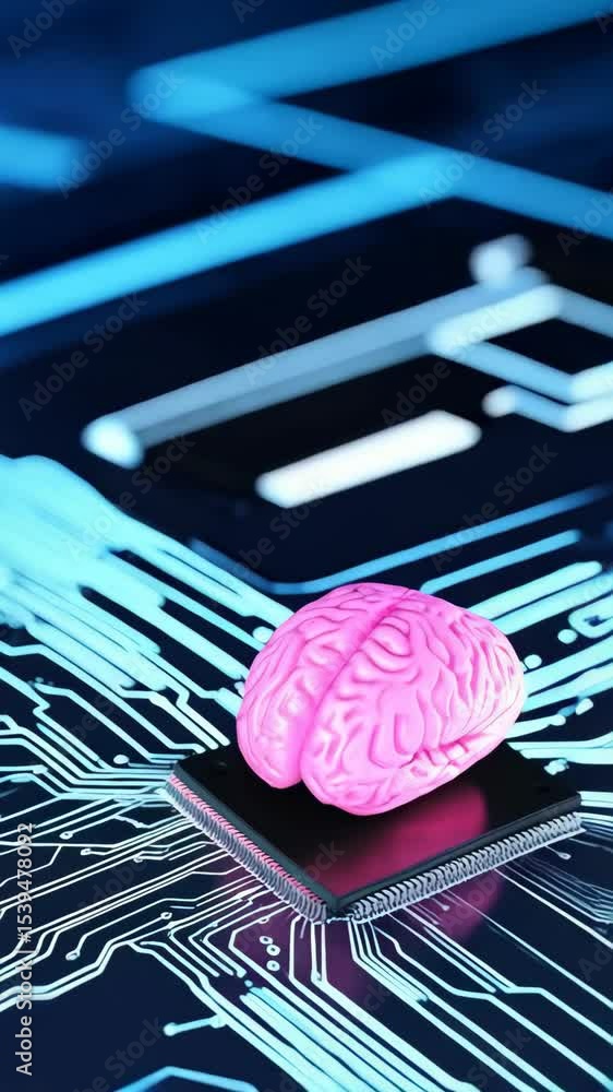 Poster digital brain on computer chip showing artificial intelligence, neural network and future technology